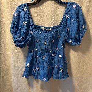 Altar'd State Blue Embroidered Puff-Sleeve Peplum Top